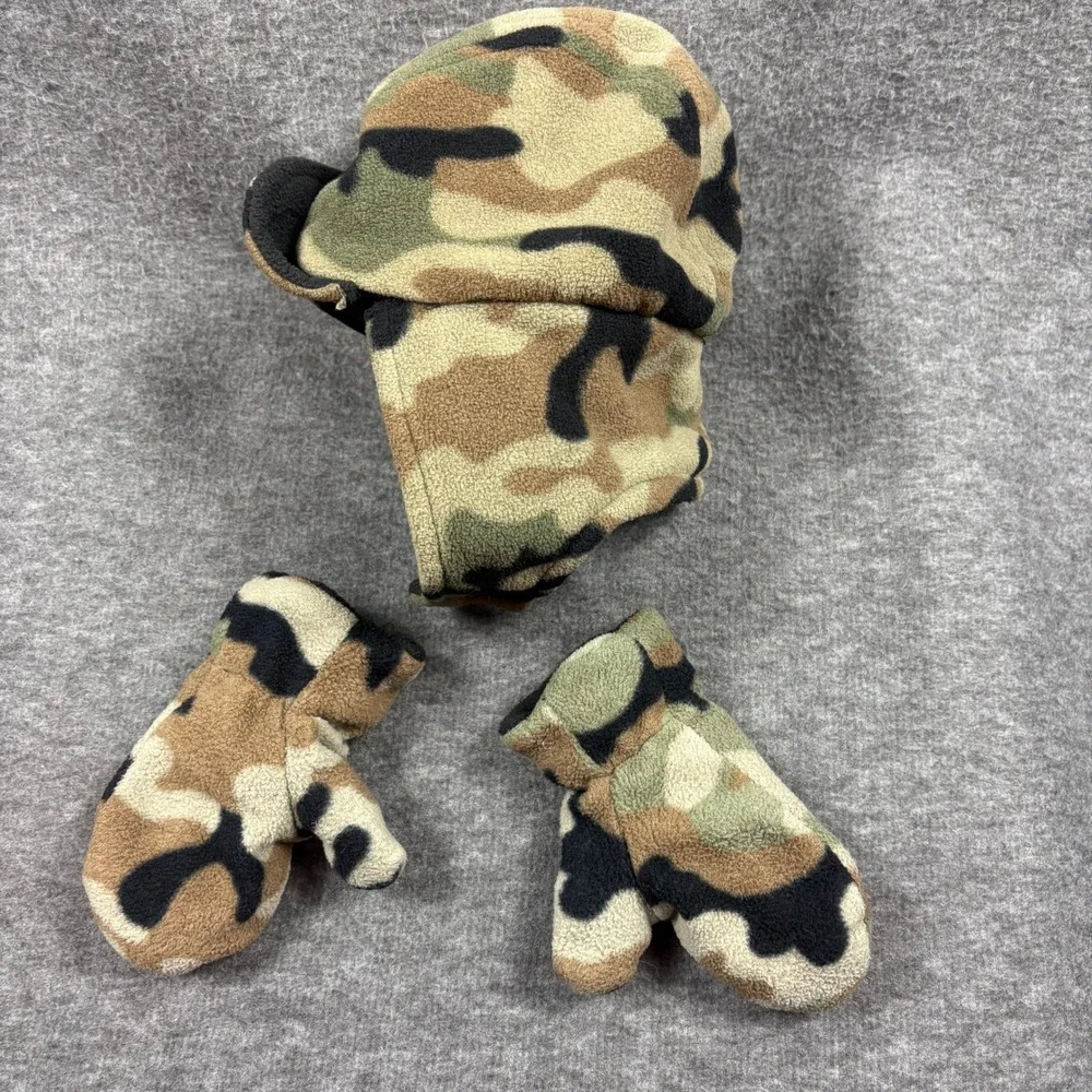 Kids Camo Fleece Trapper Hat w Mittens Set 2T-4T Winter Warm Playcore Practical - Picture 4 of 14